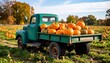 © Zaini - Vintage green pickup truck parked in a grassy field, filled with bright orange pumpkins