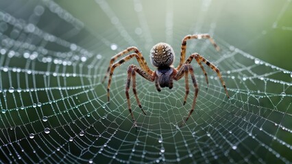 Orb Weaver Spider on Dew-Kissed Web, Macro Photography, Nature's Beauty.