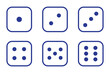 © Ankita - Dice graphic icon. White, Blue game dice cubes from one to six dots. Gambling objects to play in casino, poker. Six faces of cube. Traditional die with numbers of dots from 1 to 6. Vector.