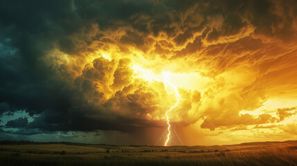Sticker - A dramatic, wide-angle scene of a powerful thunderbolt striking from a large, glowing yellow cloud in a dark, stormy sky. 