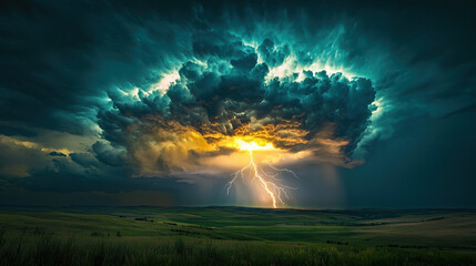 Sticker - A dramatic, wide-angle scene of a powerful thunderbolt striking from a large, glowing green cloud in a dark, stormy sky. 