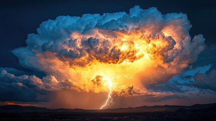 Sticker - a dramatic, wide-angle scene of a powerful thunderbolt striking from a large, glowing yellow cloud i