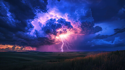 Sticker - A dramatic, wide-angle scene of a powerful thunderbolt striking from a large, glowing purple cloud in a dark, stormy sky