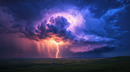 Sticker - A dramatic, wide-angle scene of a powerful thunderbolt striking from a large, glowing purple cloud in a dark, stormy sky.