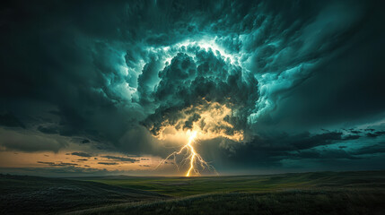 Sticker - A dramatic, wide-angle scene of a powerful thunderbolt striking from a large, glowing green cloud in a dark, stormy sky. 