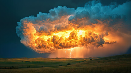 Sticker - A dramatic, wide-angle scene of a powerful thunderbolt striking from a large, glowing green cloud in a dark, stormy sky. 
