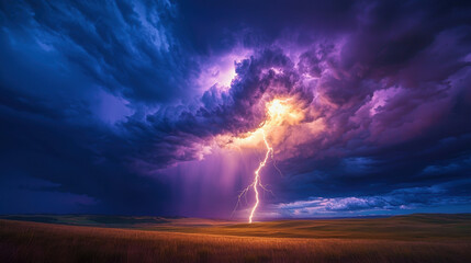 Sticker - A dramatic, wide-angle scene of a powerful thunderbolt striking from a large, glowing purple cloud in a dark, stormy sky.