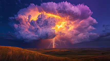 Sticker - A dramatic, wide-angle scene of a powerful thunderbolt striking from a large, glowing purple cloud in a dark, stormy sky.