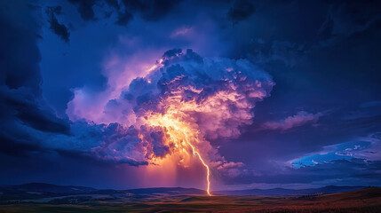 Sticker - A dramatic, wide-angle scene of a powerful thunderbolt striking from a large, glowing purple cloud in a dark, stormy sky