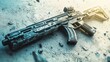 © mOuntase graphic - A futuristic, camouflaged assault rifle rests on a light-grey, debris-strewn surface, bathed in a soft, back-lit glow.