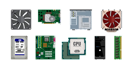 Computer hardware components set. flat style stock vector collection illustration. Modern PC parts for assembly and maintenance.