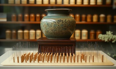 Organized display of various-sized acupuncture needles on a specialized stand, ready for use in traditional Chinese medicine therapy sessions, Generative AI