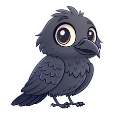 Cute cartoon baby crow bird with big eyes, isolated on transparent background