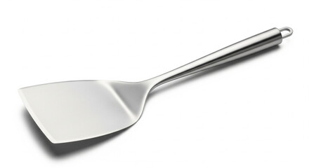 Shiny metal kitchen spatula with a long handle on an isolated transparent background.