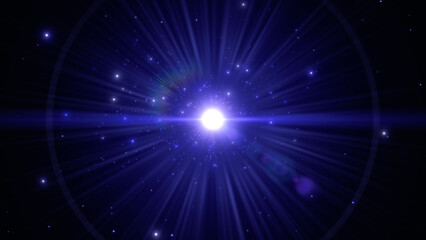Wall Mural - blue space with light flare beams and shiny star dust , lens flare beams galaxy and night sky social media background	