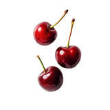 Three red cherries with stems floating in the air on transparent background
