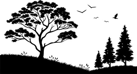 a serene black and white landscape features a large tree, birds in flight, and subtle figures.