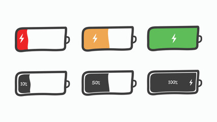 Six hand-drawn battery icons show various charge levels from empty to full, black and white and colorful