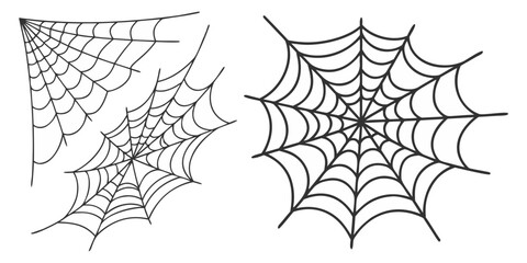 Spider web. Cobweb scary frames. Realistic arachnid net borders. Spooky Halloween background. Isolated gothic decorative elements set. Vector sticky tangled lines hanging in