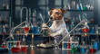 © Chanthakan - Dog scientist wearing lab coat and safety glasses using microscope surrounded by colorful laboratory glassware, beakers, and test tubes in chemistry lab, humorous and creative scene