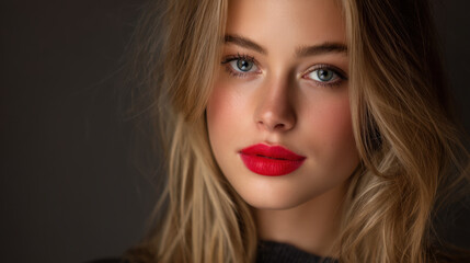  Close up portrait of young woman with long blonde hair and striking blue eyes. She has flawless complexion and bold red lips, exuding confidence and beauty. soft lighting enhances her features
