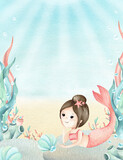 Watercolor frame with mermaid in underwater world. Children's illustration with seaweed, coral, seashell and bubbles. Hand drawn postcard isolated on seascape with sun rays. Invitation to kids party