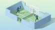© NKL.96 - Two silhouetted figures engage in a game of pickleball on an indoor court, with a net dividing the playing area and shadows cast on the green surface.