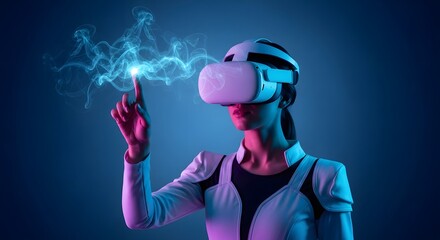 A woman is using a virtual reality headset to access in metaverse. Woman using a futuristic VR headset with an immersive digital interface display