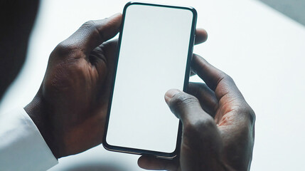 Close-up of a businessman's hands using a mockup of a smartphone at a white office desk. Mobile phone with a blank screen for montaging graphic displays