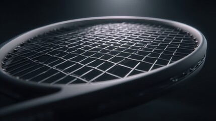 Close up of a dark gray tennis racket string pattern, dark background, dramatic lighting.