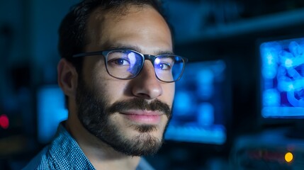 Man with Glasses Smiling in Front of Computer Monitors at Night