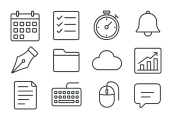 Desktop Icon Grid. Outline icon set of desktop content planner interface: digital calendar, checklist, timer,
