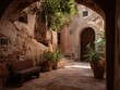 © Bouchra - A stone archway with a bench and potted plants. The bench is brown and the plants are in pots