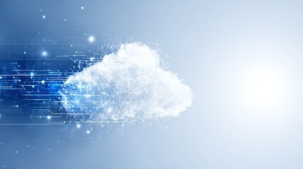 Poster - futuristic cloud technology concept with data connections and digital elements on a soft blue backgr