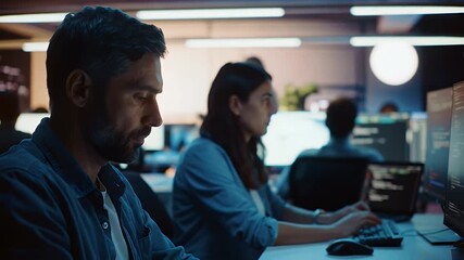 Man and Woman Coding in Blue Office with Multiple Computer Screens Showing Data and Code with Modern Light Background