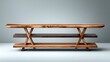 © A4719 - Rustic wooden console table with two shelves, X shaped supports, and a light gray background.