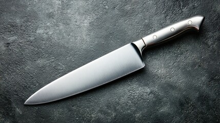 High angle close up of a chef's knife with a textured blade and metallic handle, resting on a dark gray speckled surface.