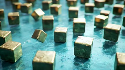 Scattered Gold Cube Blocks on Light Blue Surface with Reflections in a 3D Geometric Pattern