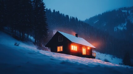 Wall Mural - cozy mountain cabin glowing warmly in the snowy landscape at twilight, surrounded by tall pine trees