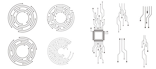 Set Circuit board circle line dots connection. Motherboard electronic collection technology data, electrical board, cpu. Innovative Electronic Network. Technology background, design elements 