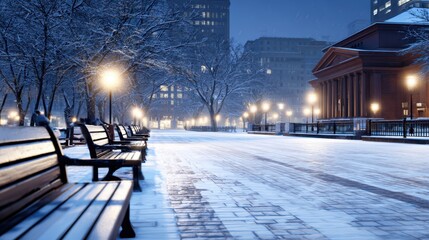 Wall Mural - snow-covered park at night with benches, streetlights illuminating the path, and city buildings in t