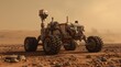 © Jedo - A massive, industrial rover with huge, spiked wheels parked on the surface of Mars, with a dust storm in the distance. Cinematic, 8k.