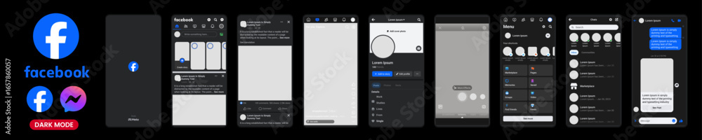 Facebook mobile App interface template 2025. Facebook UI mockup Dark ...