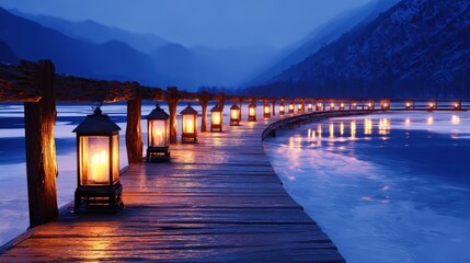 Wall Mural - serene twilight scene featuring glowing lanterns lining a wooden walkway over a frozen lake in the m