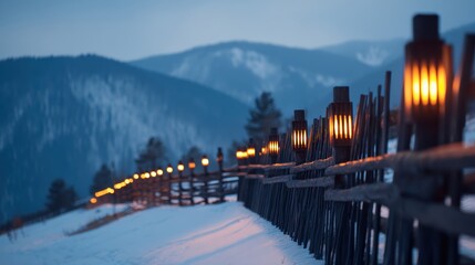 Wall Mural - serene winter landscape featuring a snow-covered path lined with glowing lanterns against a mountain