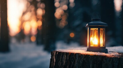 Wall Mural - A glowing lantern on a snowy stump in a forest at sunset, creating a warm, inviting atmosphere