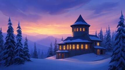 Wall Mural - serene winter sunset illuminating a cozy cabin nestled in snow-covered mountains with pine trees