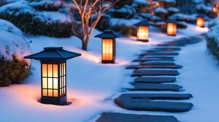 Wall Mural - Serene winter garden path illuminated by glowing lanterns, surrounded by snow-covered trees and shrubs