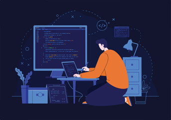 Coder writes code in home office. Computer display shows coding, doodles surround