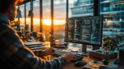 Developer codes in a modern office with a sunset view and celebrates programmers' day with enthusiasm, concept of modern workplace productivity and tech celebration.